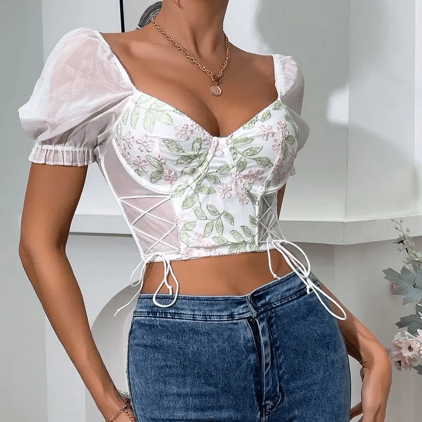 KittenAlarm - Ella Floral Embroidered Mesh Panel Crop Bustier Top