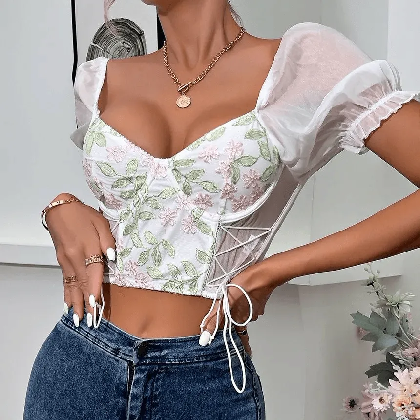KittenAlarm - Ella Floral Embroidered Mesh Panel Crop Bustier Top