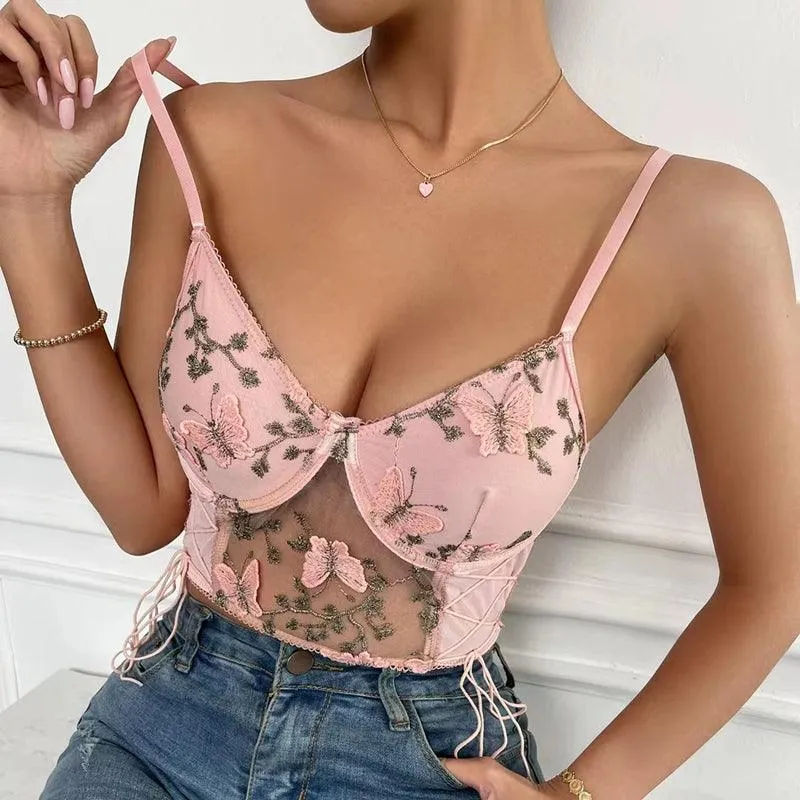 KittenAlarm - Hanna Floral & Butterfly Embroidered Tank Top