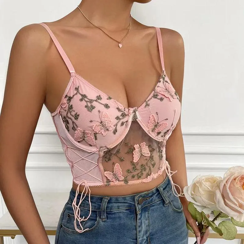 KittenAlarm - Hanna Floral & Butterfly Embroidered Tank Top