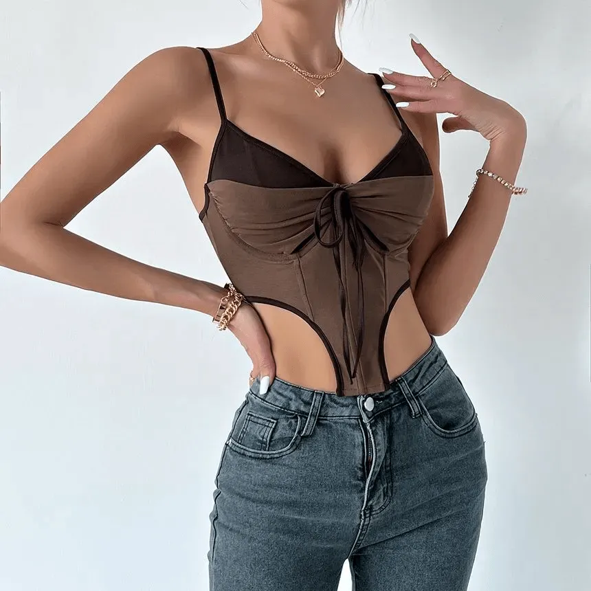 KittenAlarm - Willa Spaghetti Strap Two Tone Tie Front Panel Bustier Top