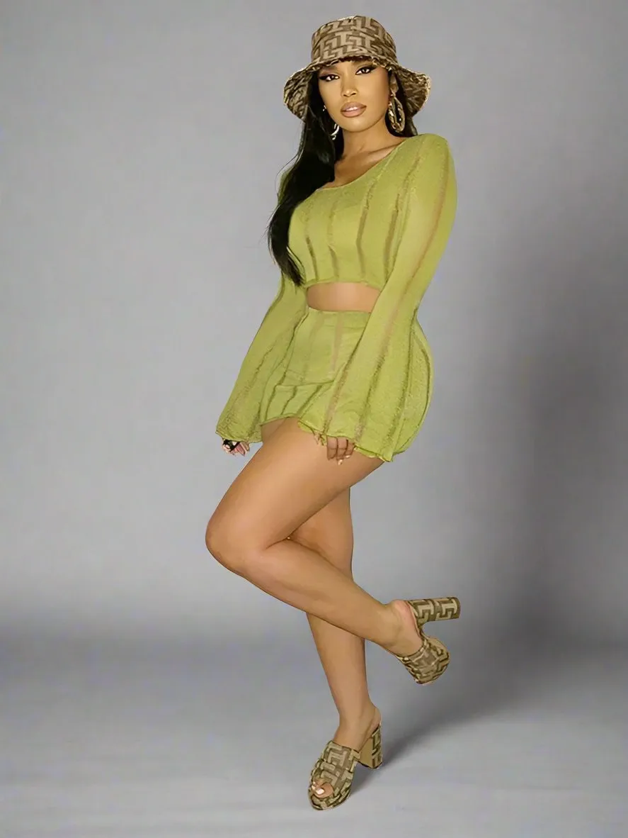 Knit Two Piece Set Flare Sleeve Crop Top Mini Skirt
