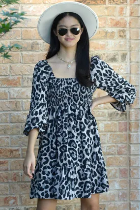 Leopard Detail Smocked Square Neck Dress
