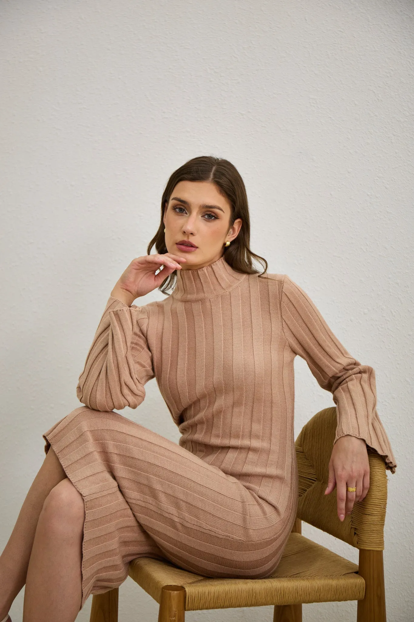 Lexi Mocha Flute Sleeve Knit Midi Dress