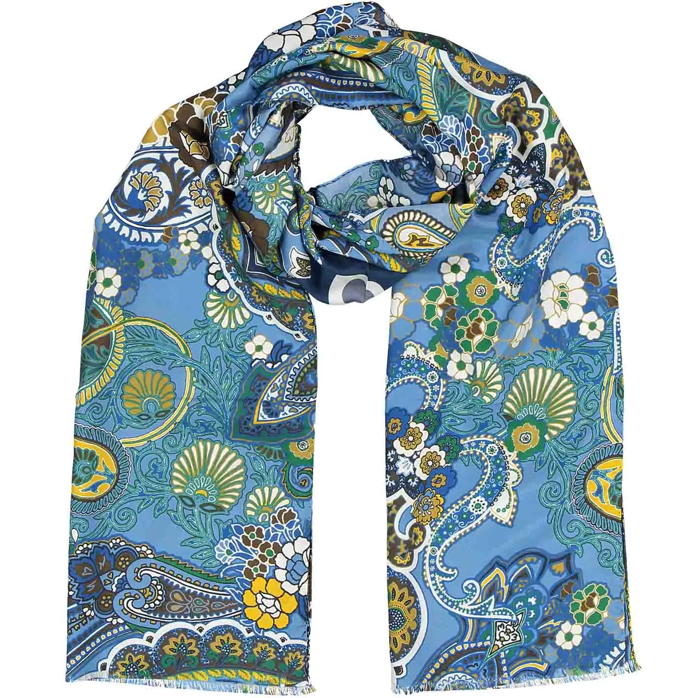 Light blue paisley & floral silk & cotton fringed scarf