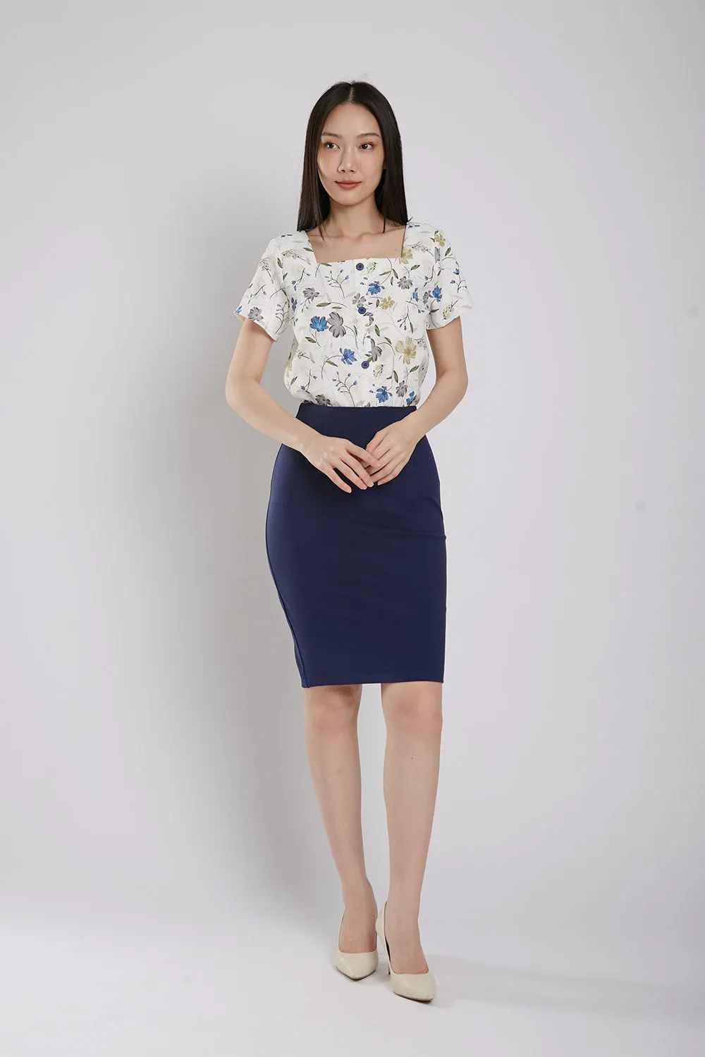 Lisette Pencil Ultra-Stretch Skirt in Navy Blue