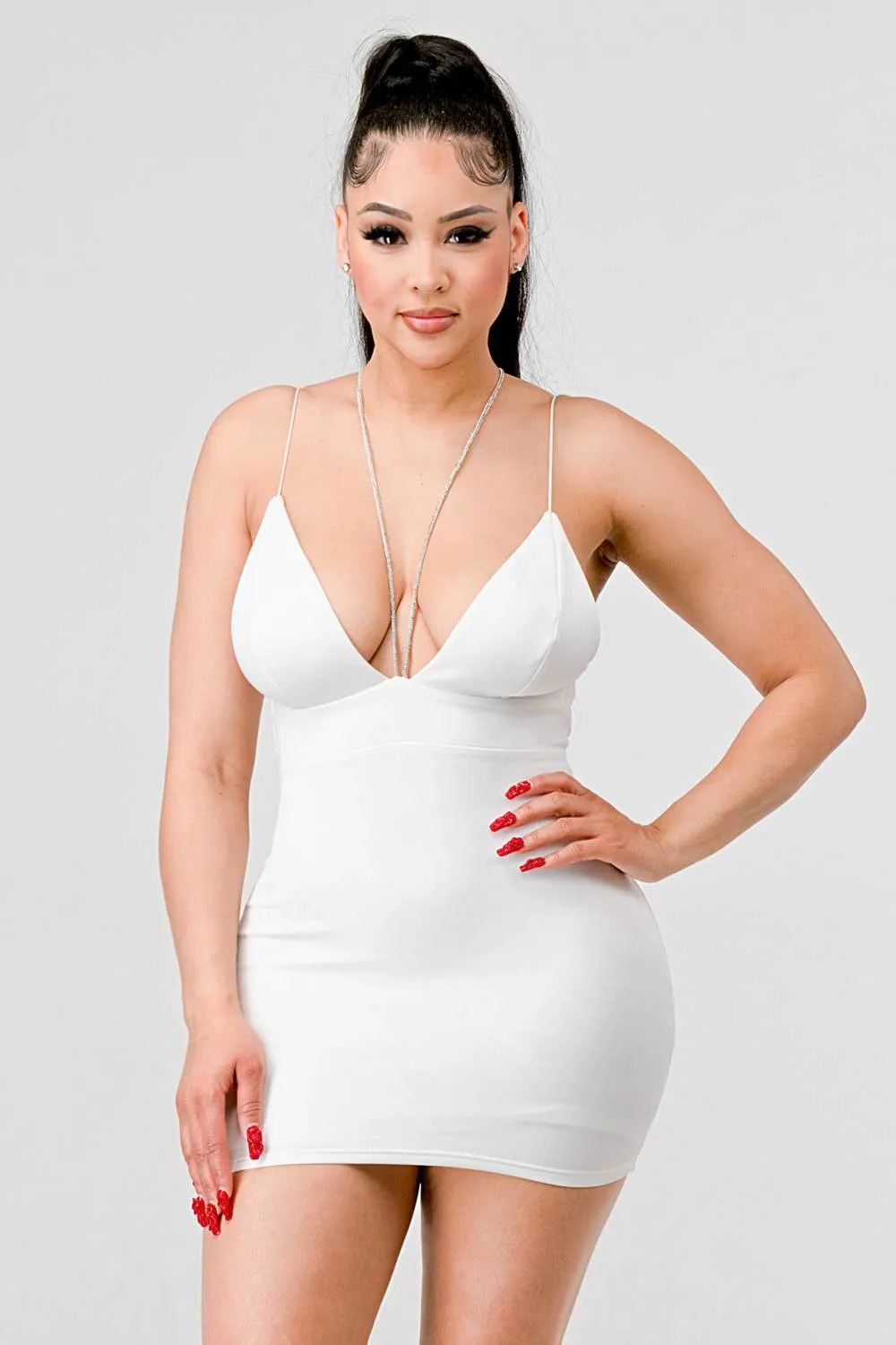 LUXE RHINESTONE STRAPS DRAWSTRING LACE MINI DRESS