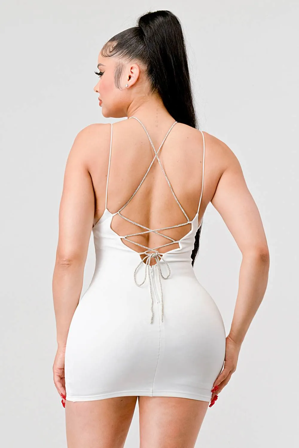 LUXE RHINESTONE STRAPS DRAWSTRING LACE MINI DRESS