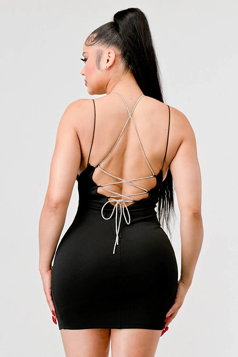 LUXE RHINESTONE STRAPS DRAWSTRING LACE MINI DRESS