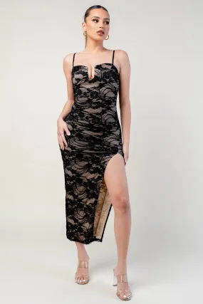 LUXE STRETCH LACE BODYCON  SIDE SLITTED MAXI DRESS