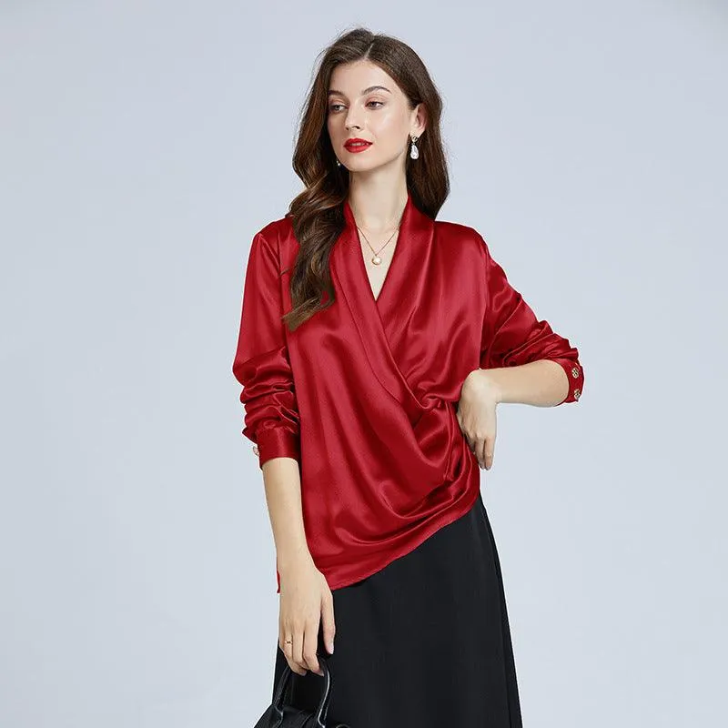 Luxe V-Neck Long Sleeve Blouse in 100% Mulberry Silk for Women