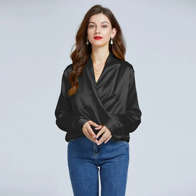 Luxe V-Neck Long Sleeve Blouse in 100% Mulberry Silk for Women