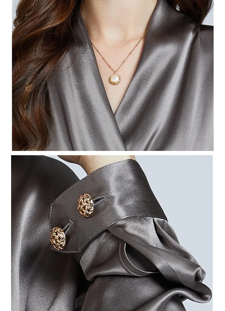 Luxe V-Neck Long Sleeve Blouse in 100% Mulberry Silk for Women
