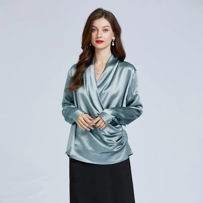 Luxe V-Neck Long Sleeve Blouse in 100% Mulberry Silk for Women