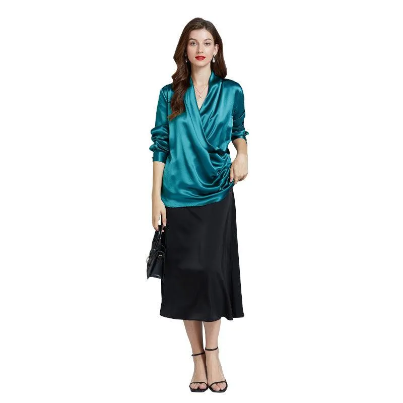 Luxe V-Neck Long Sleeve Blouse in 100% Mulberry Silk for Women
