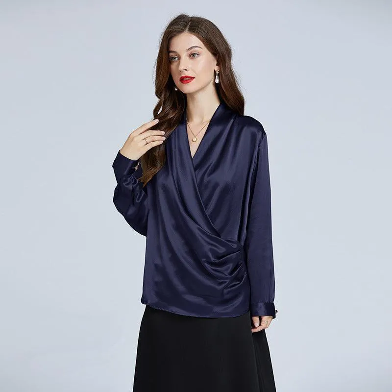 Luxe V-Neck Long Sleeve Blouse in 100% Mulberry Silk for Women