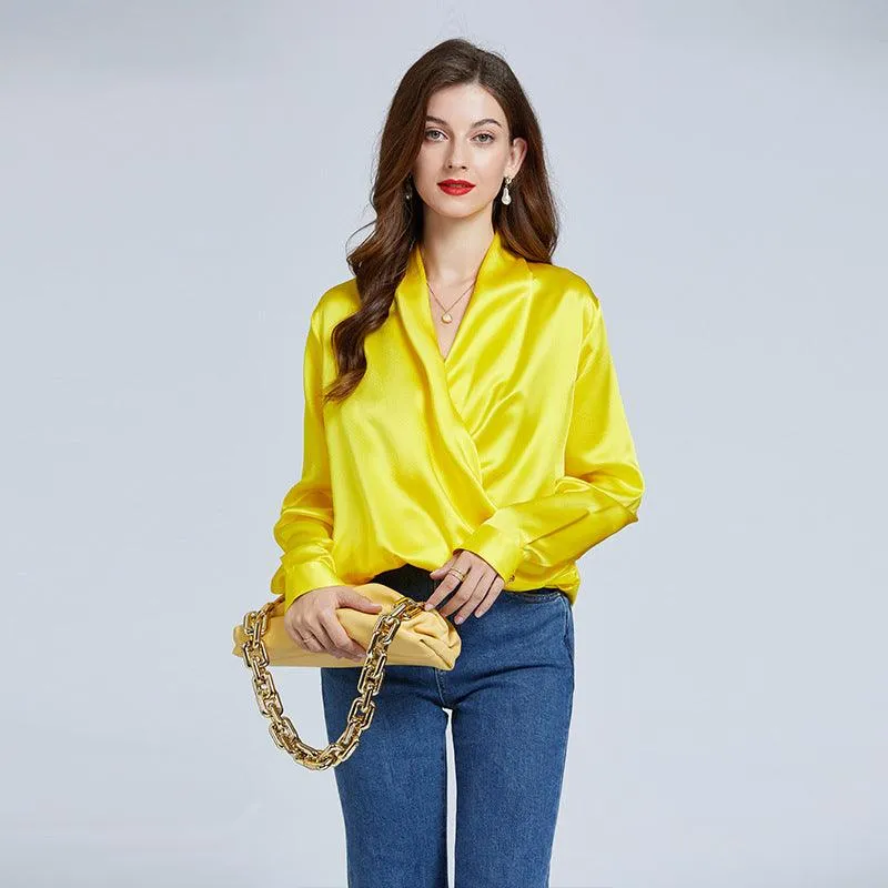 Luxe V-Neck Long Sleeve Blouse in 100% Mulberry Silk for Women