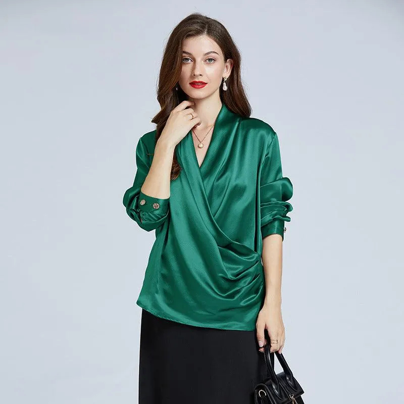 Luxe V-Neck Long Sleeve Blouse in 100% Mulberry Silk for Women