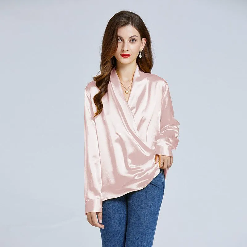 Luxe V-Neck Long Sleeve Blouse in 100% Mulberry Silk for Women