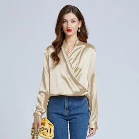 Luxe V-Neck Long Sleeve Blouse in 100% Mulberry Silk for Women