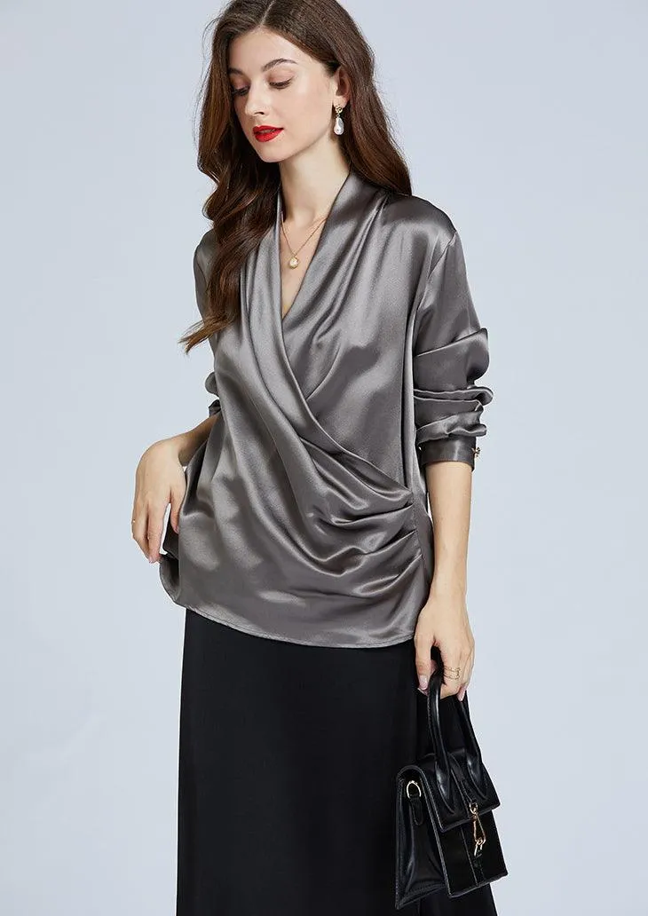 Luxe V-Neck Long Sleeve Blouse in 100% Mulberry Silk for Women