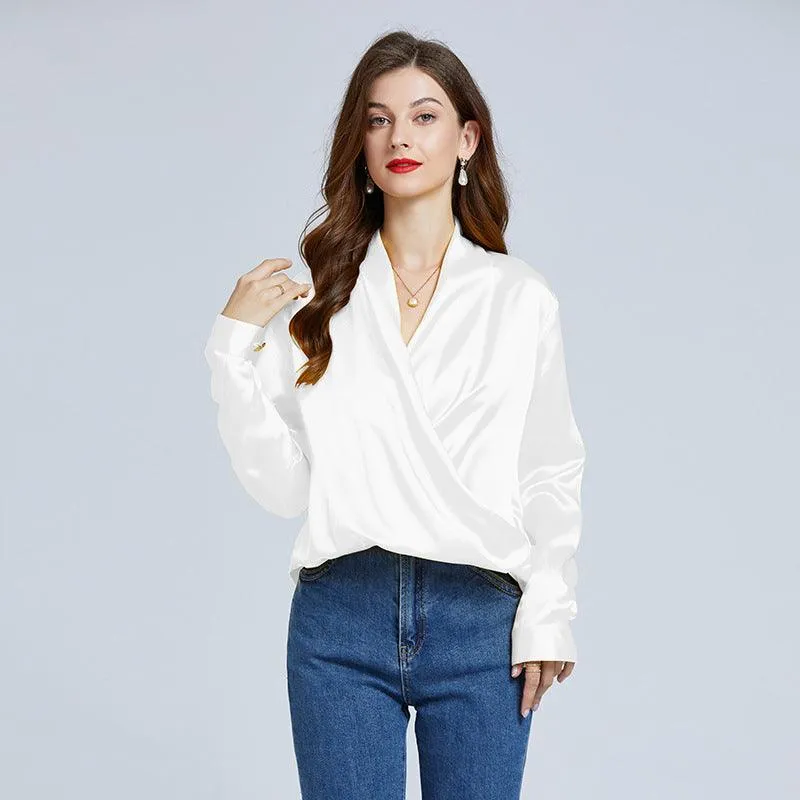 Luxe V-Neck Long Sleeve Blouse in 100% Mulberry Silk for Women
