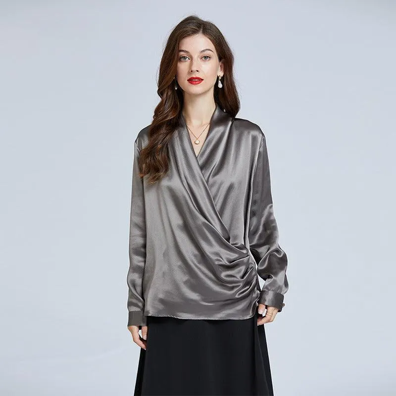 Luxe V-Neck Long Sleeve Blouse in 100% Mulberry Silk for Women