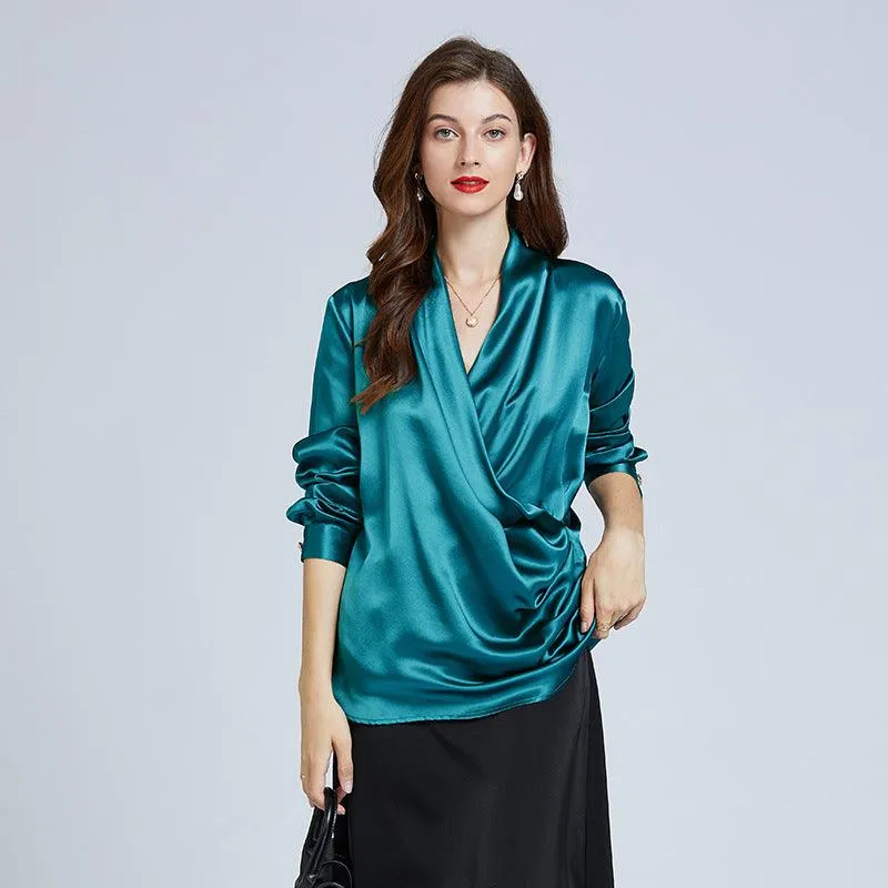 Luxe V-Neck Long Sleeve Blouse in 100% Mulberry Silk for Women