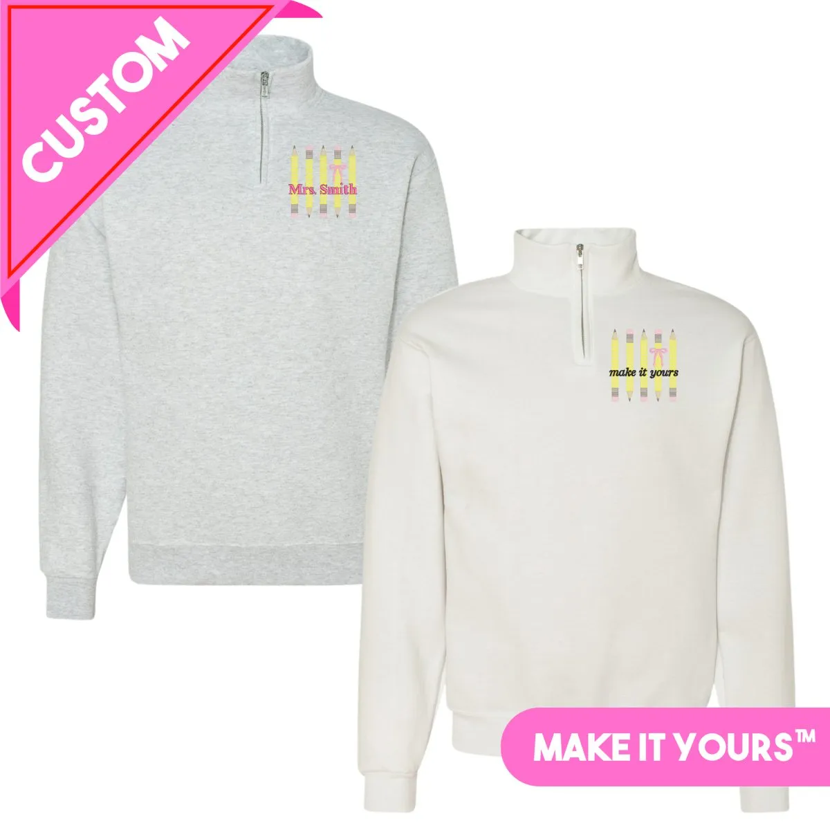 Make It Yours™ 'Bow & Pencil' Quarter Zip Sweatshirt