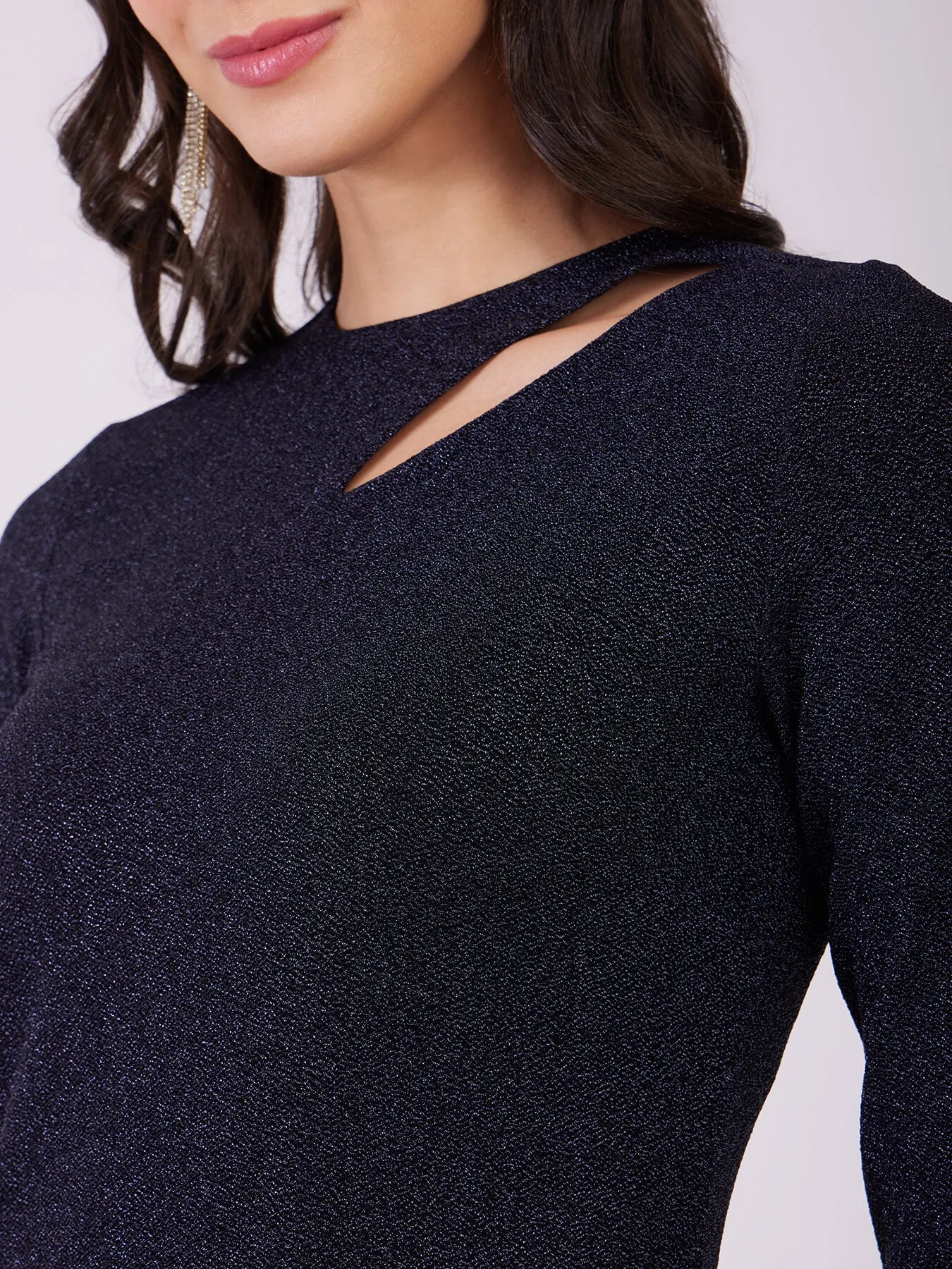 Metallic Lurex Bodycon Dress - Navy Blue