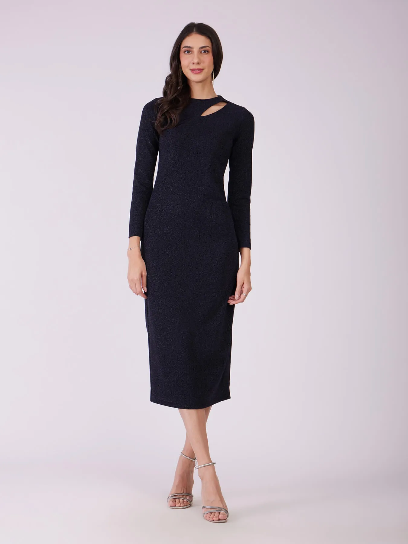 Metallic Lurex Bodycon Dress - Navy Blue