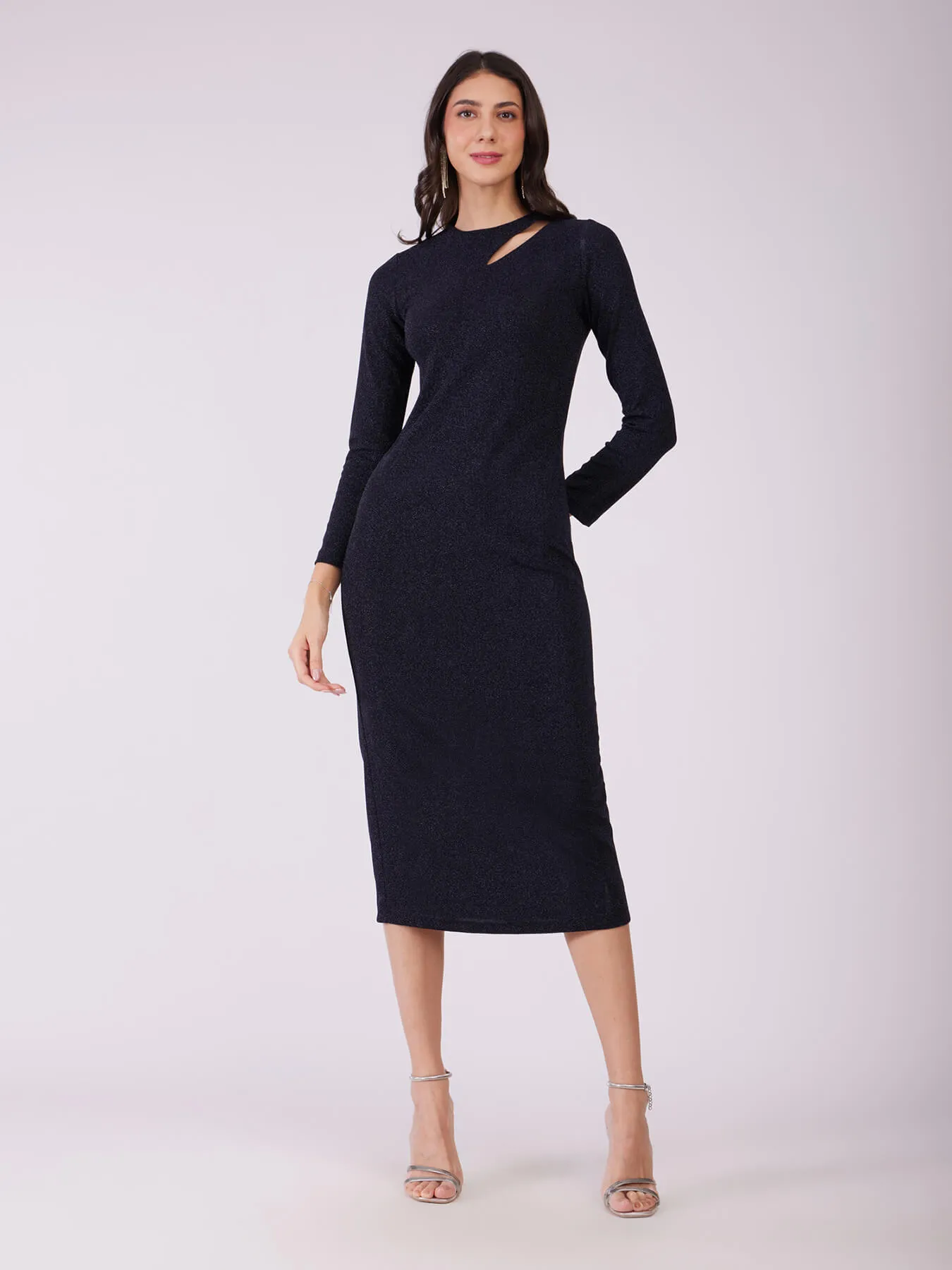 Metallic Lurex Bodycon Dress - Navy Blue