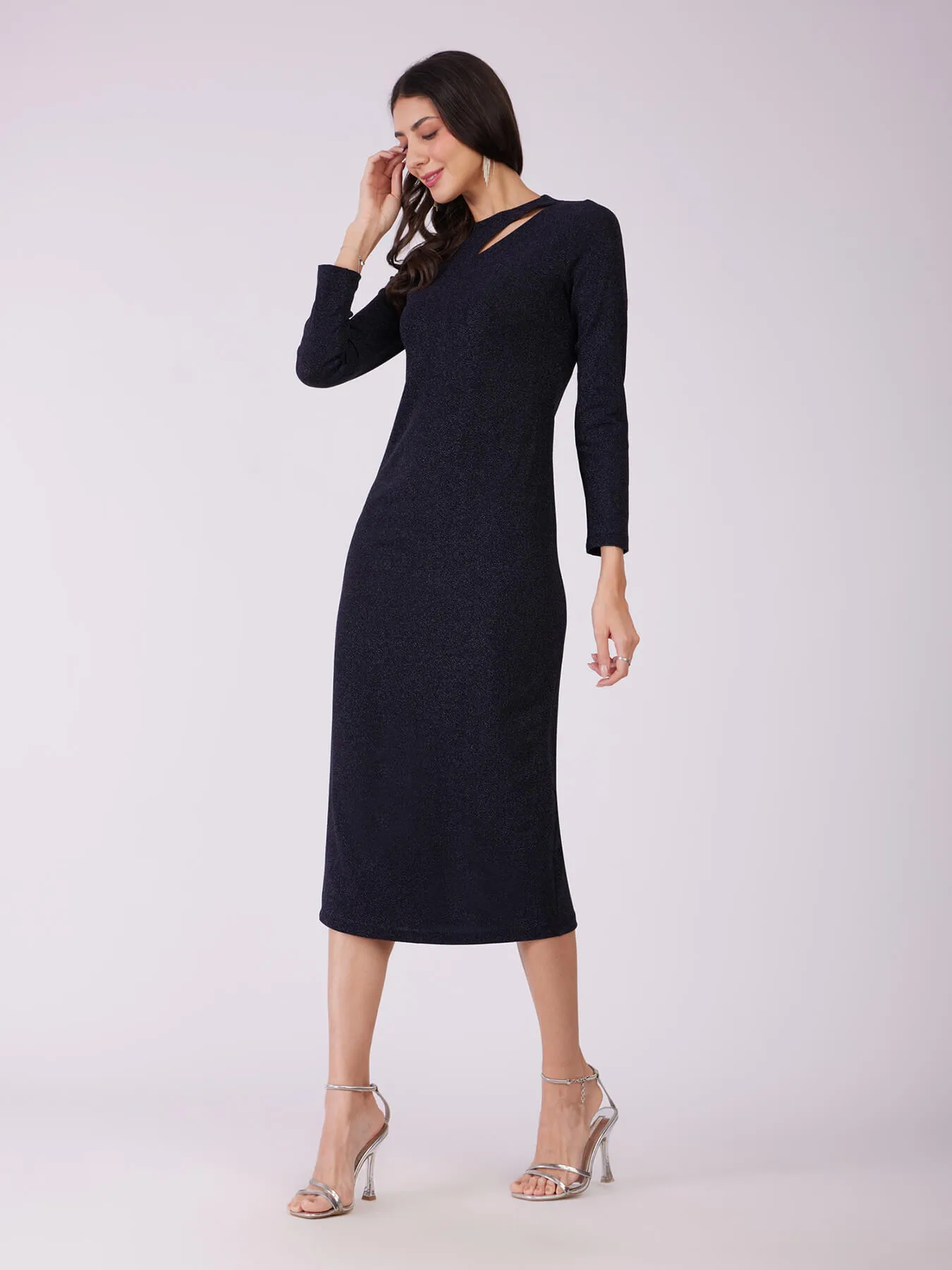 Metallic Lurex Bodycon Dress - Navy Blue