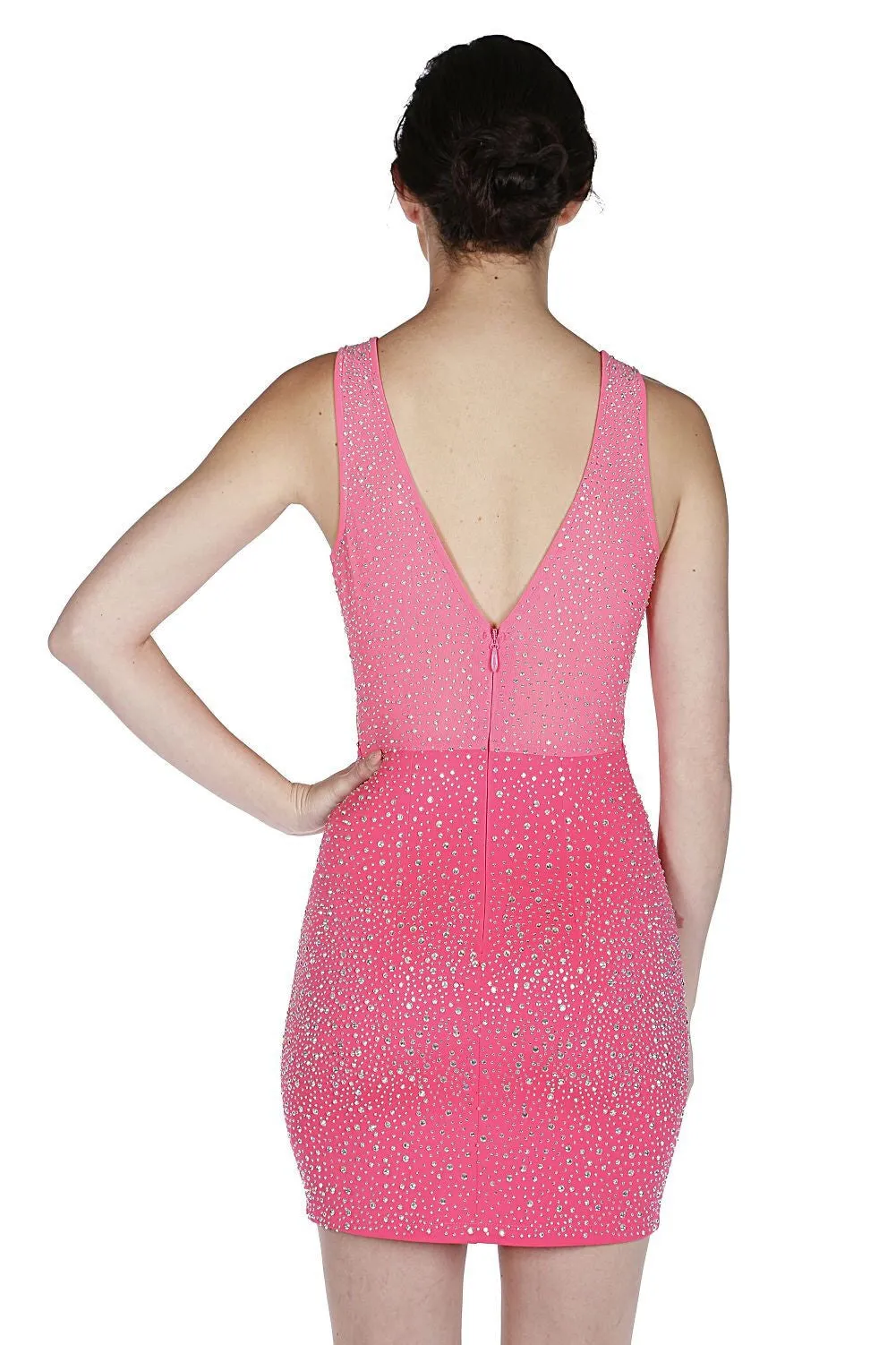 Naughty Grl Round Neck Bodycon Dress With Rhinestones - Neon Fuchsia