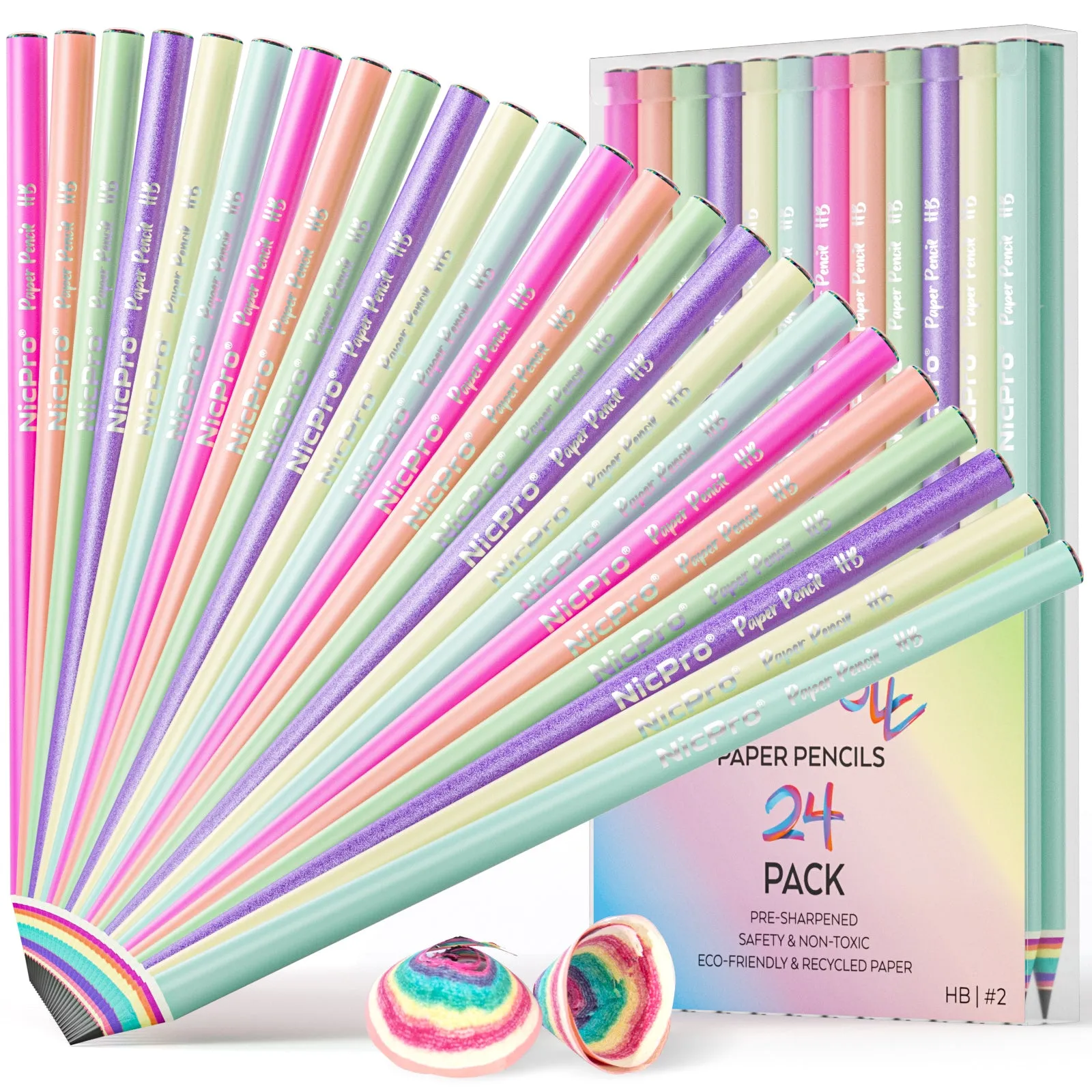 Nicpro 24PCS Rainbow Pencils HB #2, Cute Pastel Pencils Pre-Sharpened Wooden Pencils, Break-Resistant & Eco-friendly Recycled Paper Pencil For Kids Student Drawing Writing, School Supplies, 6 Colors