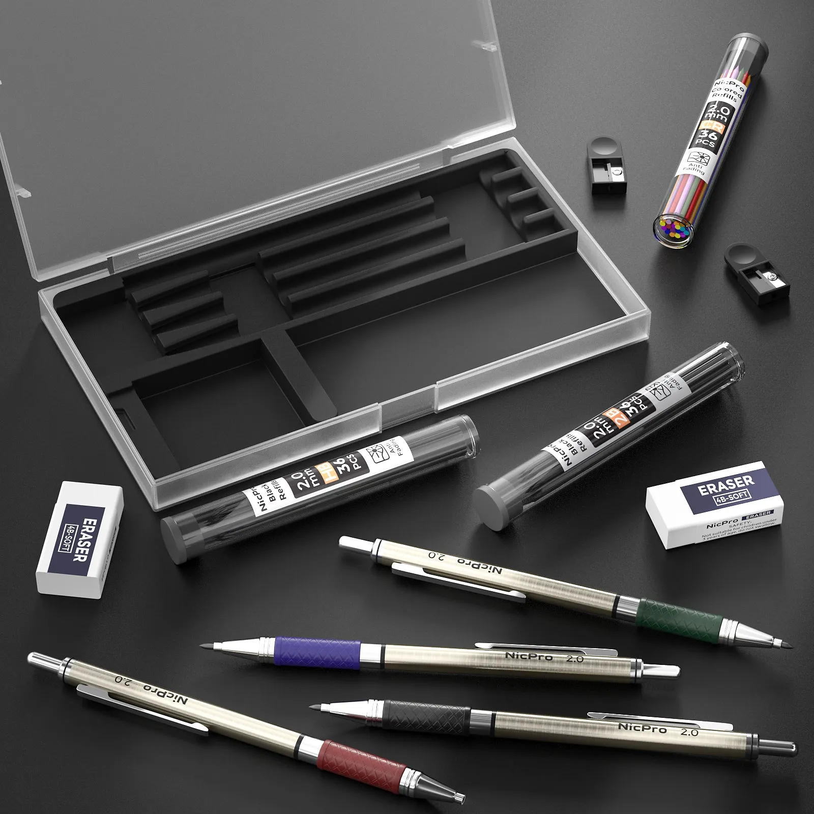 Nicpro 4 PCS 2.0 mm Mechanical Pencils Set with Case, Art Metal Lead Holder 2mm Carpenter Pencil with 72 Graphite Lead Refills(HB 2B) & 36 Colors, 2 Erasers, 2 Sharpeners for Writing Sketching Drawing