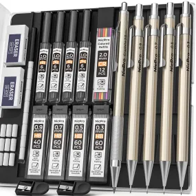 Nicpro 5 PCS Metal Mechanical Pencil Set in Case, Drafting Pencils 0.3 & 0.5 & 0.7 & 0.9 mm & 2mm Lead Pencil Holders (4B 2B HB 2H) Lead Refills(Black & Colors), Erasers For Art Sketching Drawing