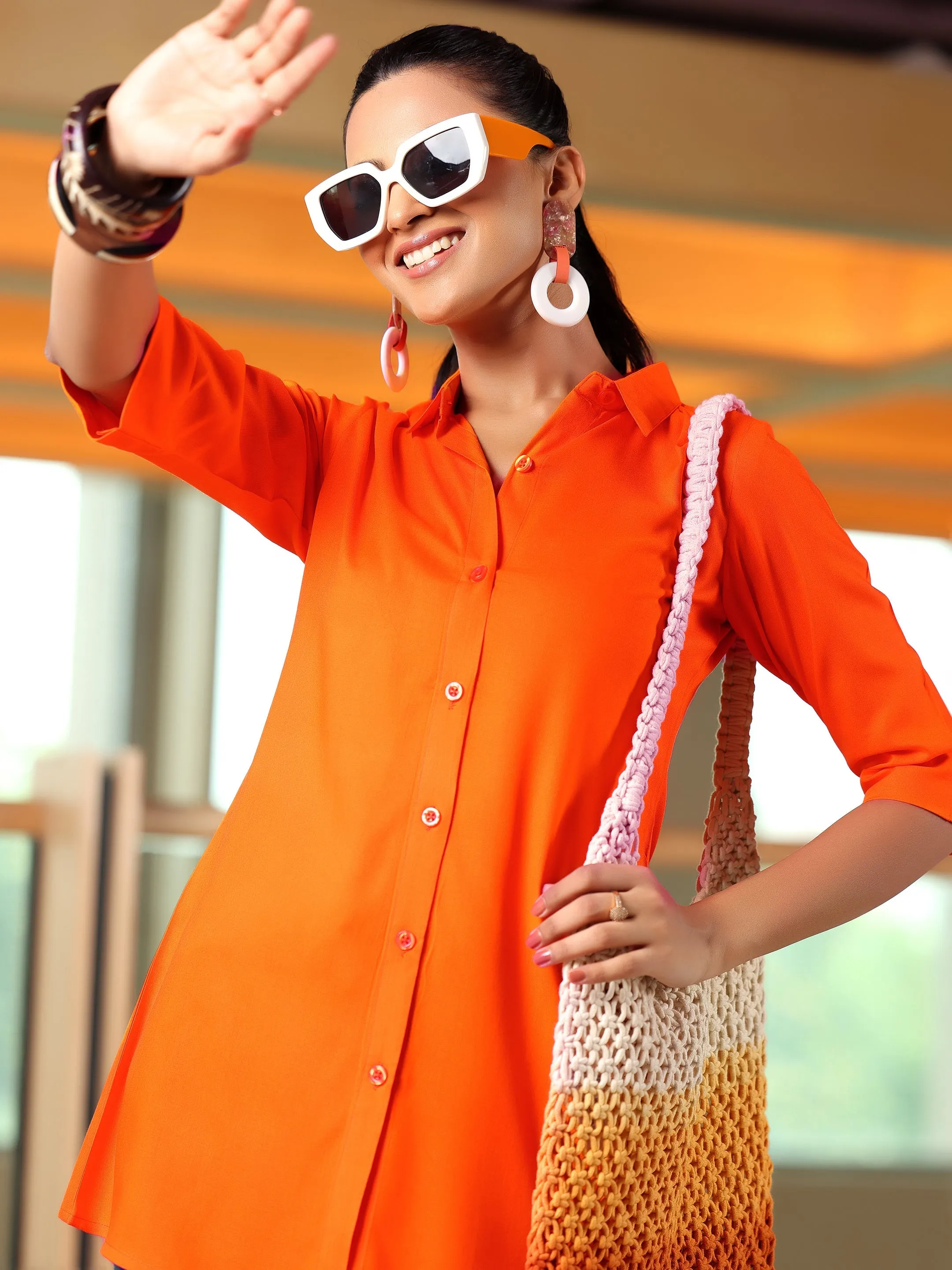 Orange Solid Rayon Straight Tunic