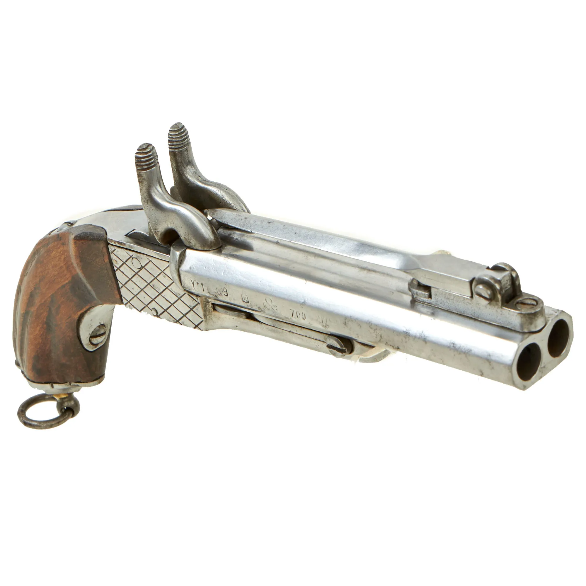 Original Set of Two French Style 9mm Pinfire Double Barrel Pistols with Hidden Triggers & Folding Bayonets - Serial 08067 & 08157- Circa 1850