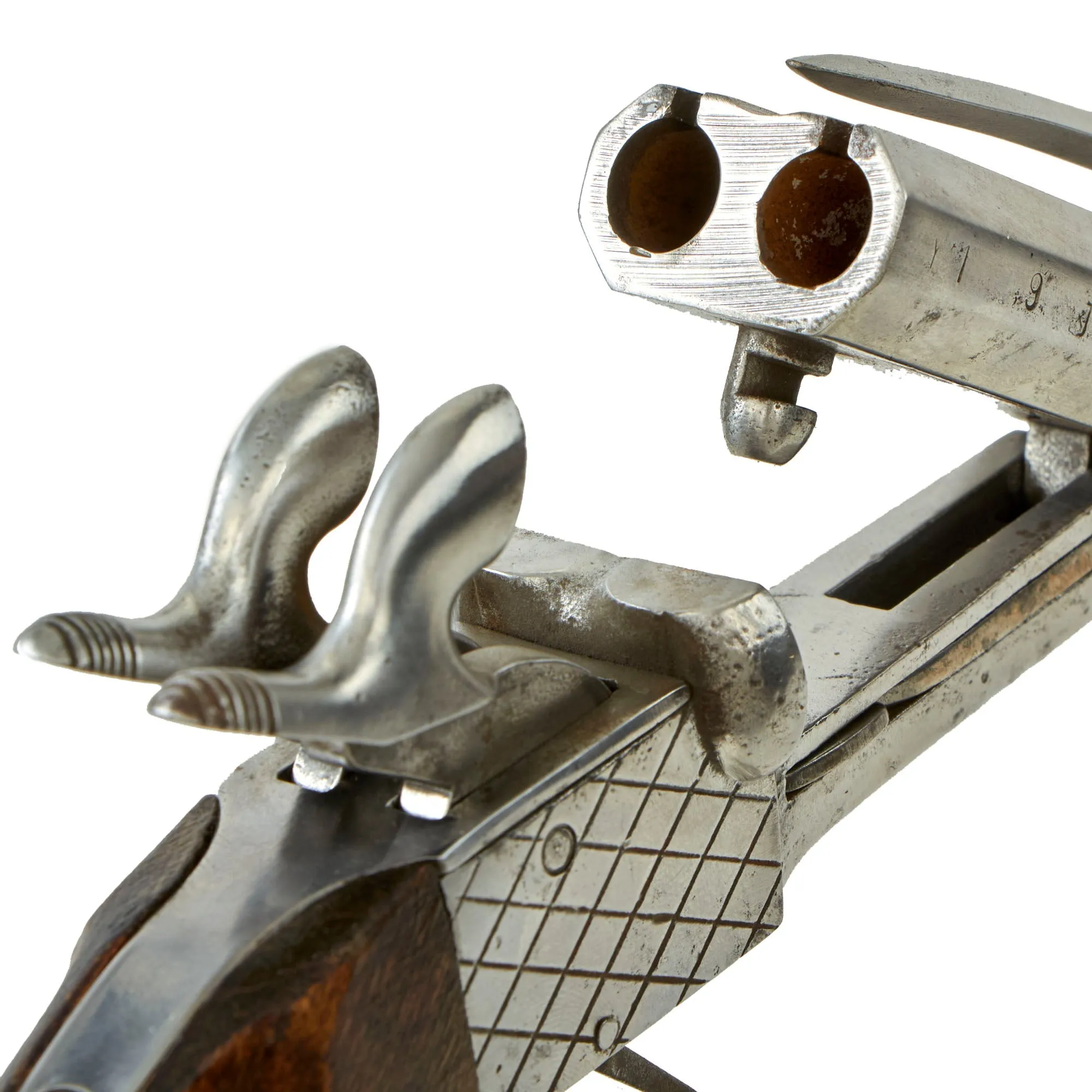Original Set of Two French Style 9mm Pinfire Double Barrel Pistols with Hidden Triggers & Folding Bayonets - Serial 08067 & 08157- Circa 1850