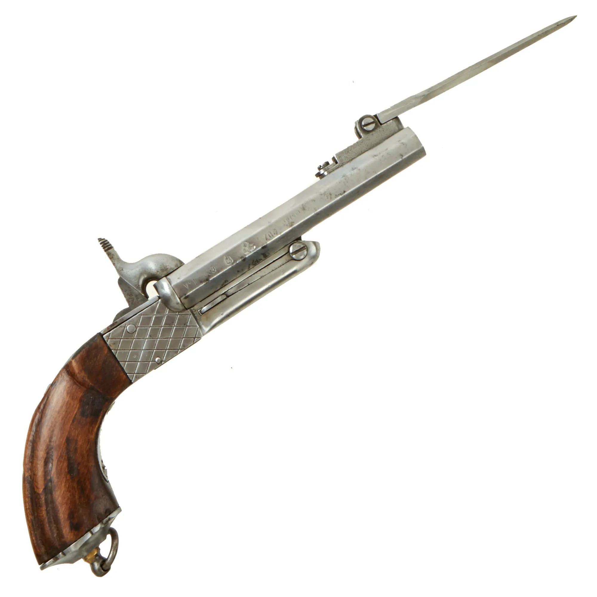 Original Set of Two French Style 9mm Pinfire Double Barrel Pistols with Hidden Triggers & Folding Bayonets - Serial 08067 & 08157- Circa 1850
