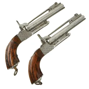Original Set of Two French Style 9mm Pinfire Double Barrel Pistols with Hidden Triggers & Folding Bayonets - Serial 08067 & 08157- Circa 1850