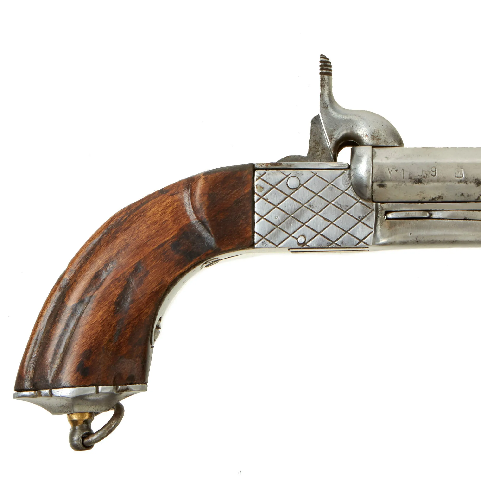 Original Set of Two French Style 9mm Pinfire Double Barrel Pistols with Hidden Triggers & Folding Bayonets - Serial 08067 & 08157- Circa 1850