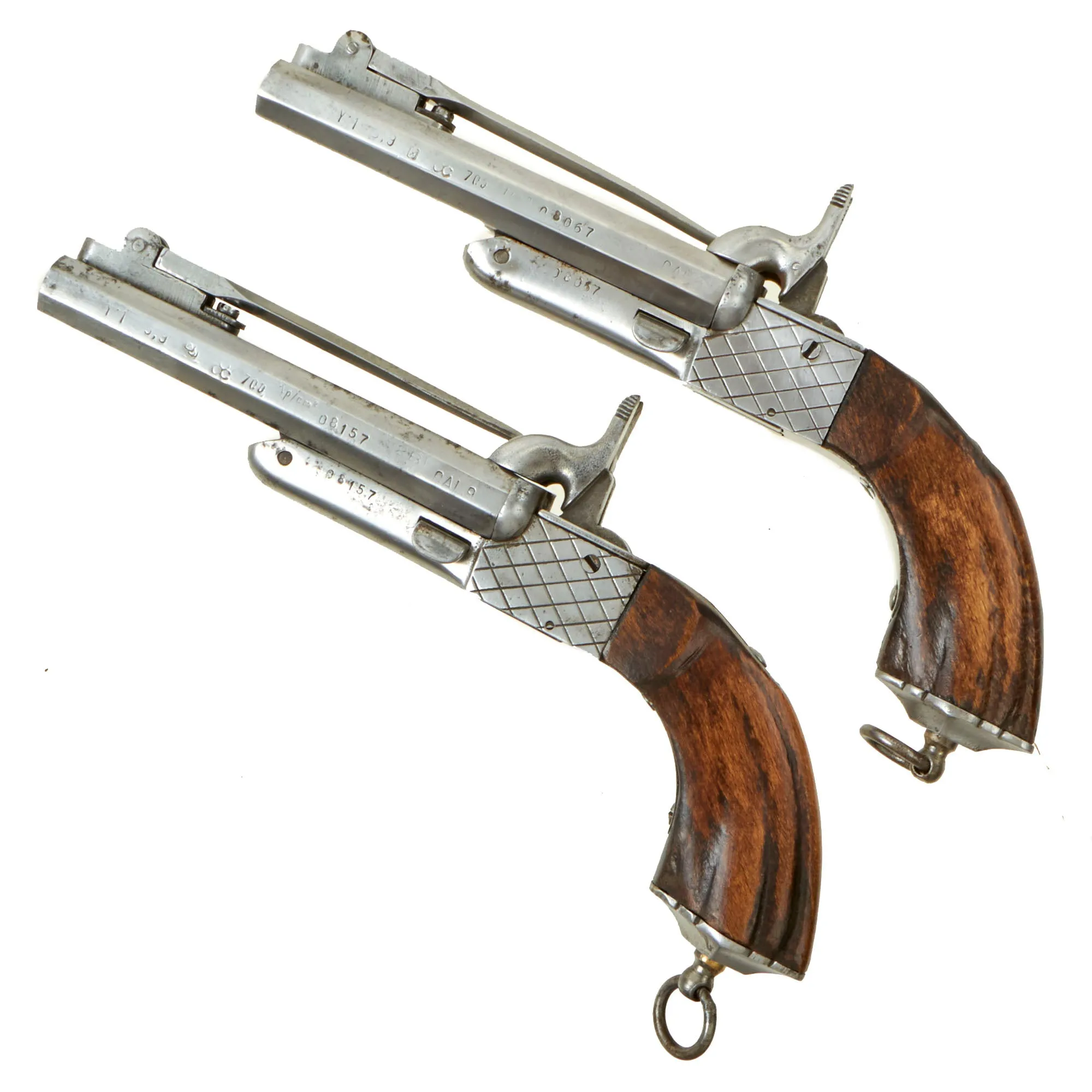 Original Set of Two French Style 9mm Pinfire Double Barrel Pistols with Hidden Triggers & Folding Bayonets - Serial 08067 & 08157- Circa 1850