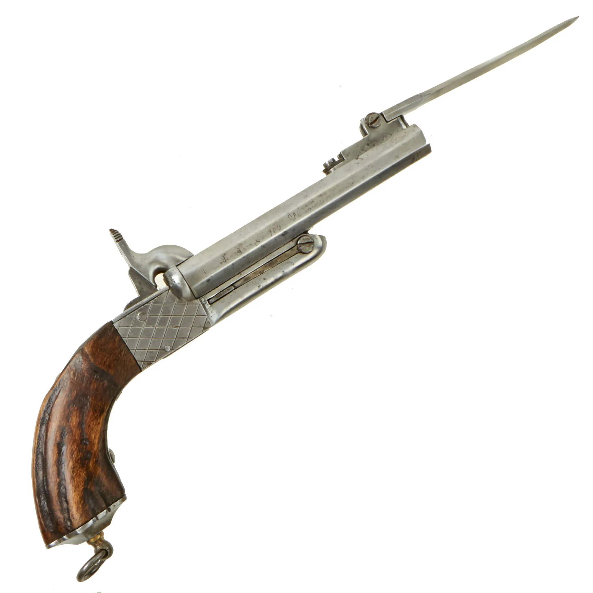Original Set of Two French Style 9mm Pinfire Double Barrel Pistols with Hidden Triggers & Folding Bayonets - Serial 08067 & 08157- Circa 1850