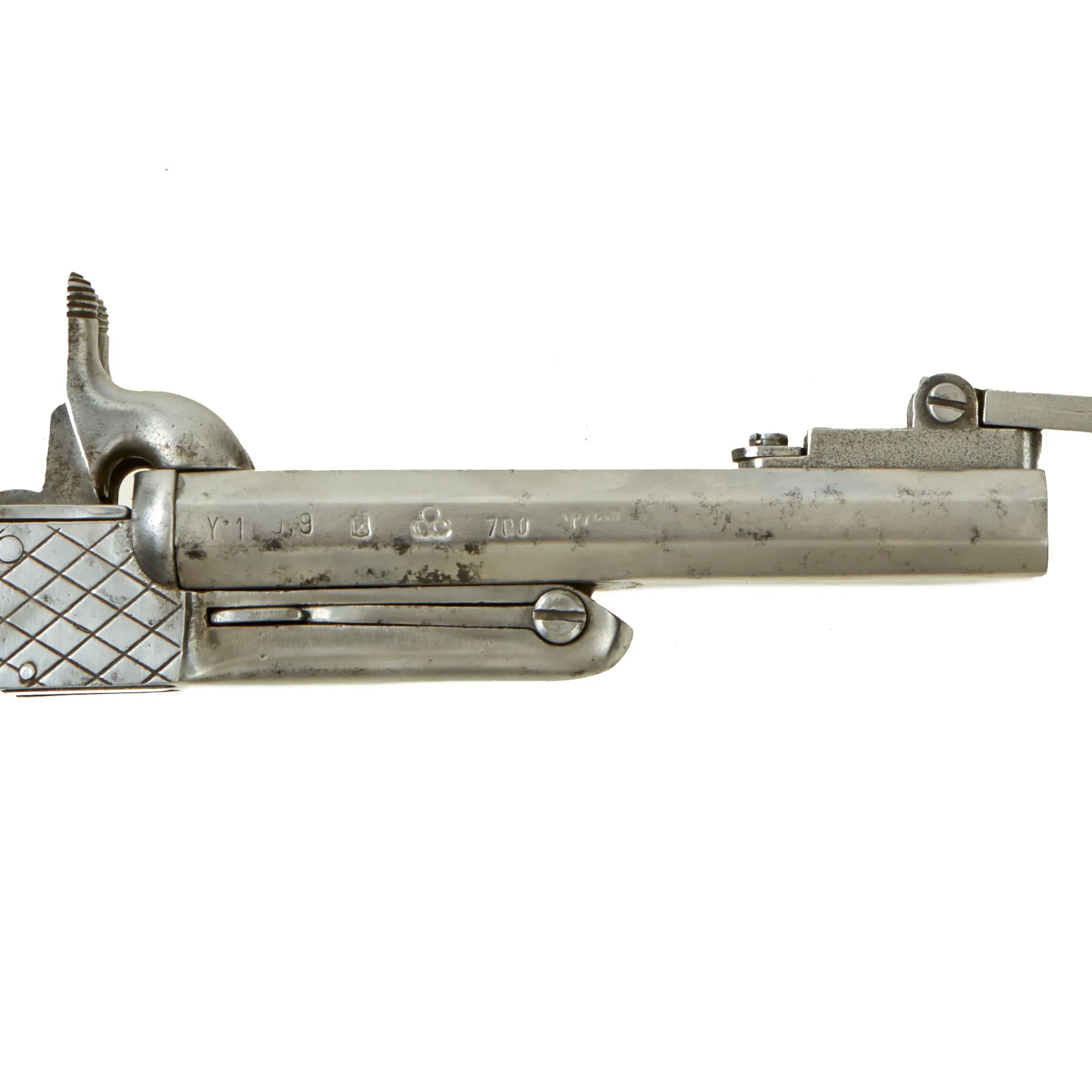 Original Set of Two French Style 9mm Pinfire Double Barrel Pistols with Hidden Triggers & Folding Bayonets - Serial 08067 & 08157- Circa 1850