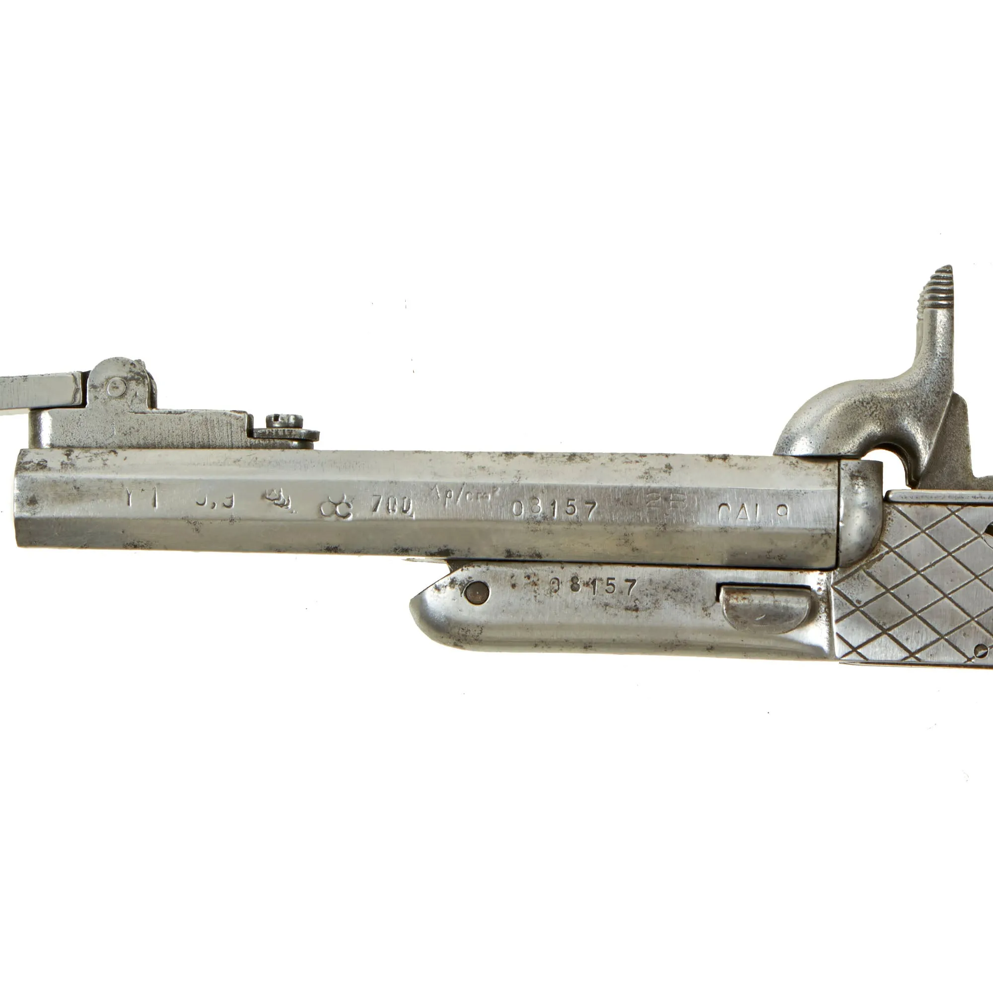 Original Set of Two French Style 9mm Pinfire Double Barrel Pistols with Hidden Triggers & Folding Bayonets - Serial 08067 & 08157- Circa 1850