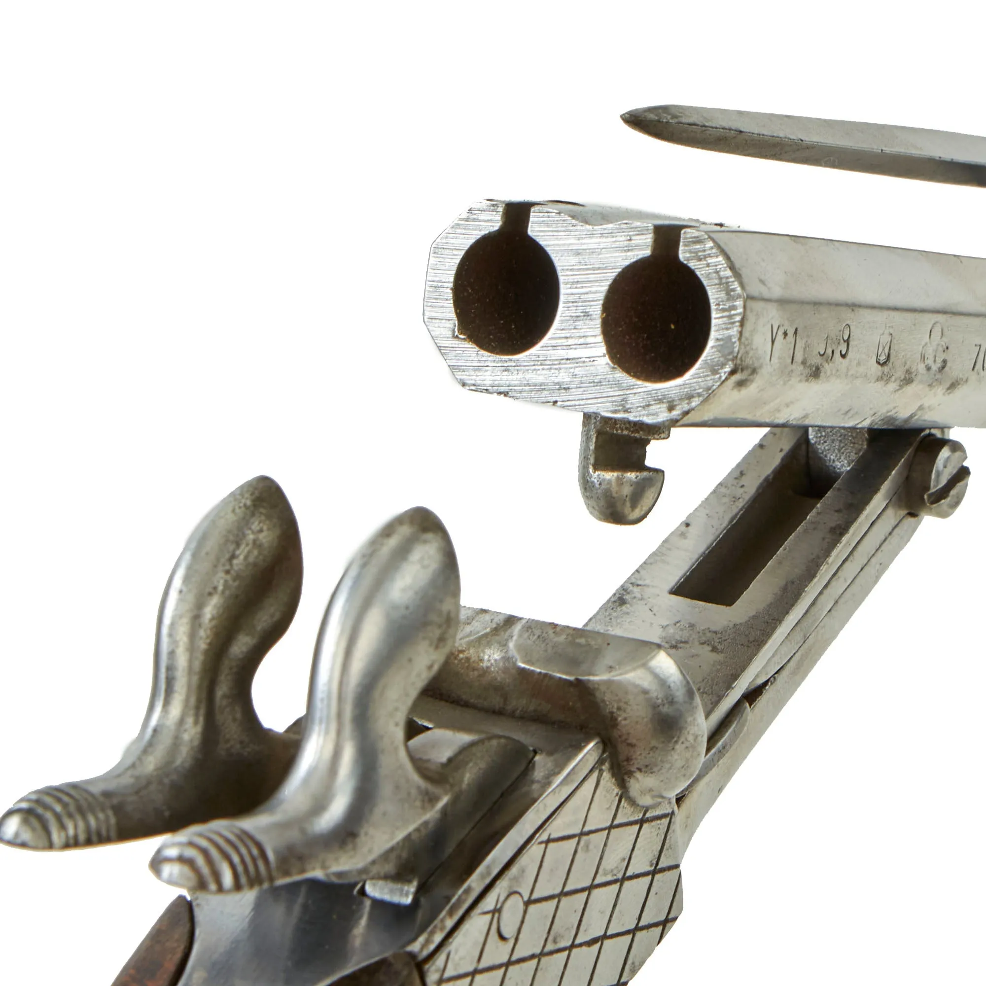 Original Set of Two French Style 9mm Pinfire Double Barrel Pistols with Hidden Triggers & Folding Bayonets - Serial 08067 & 08157- Circa 1850