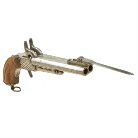 Original U.S. Civil War Era Belgian 10mm Pinfire Double Barrel Pistol with Folding Bayonet Circa 1855 - Non-Functional