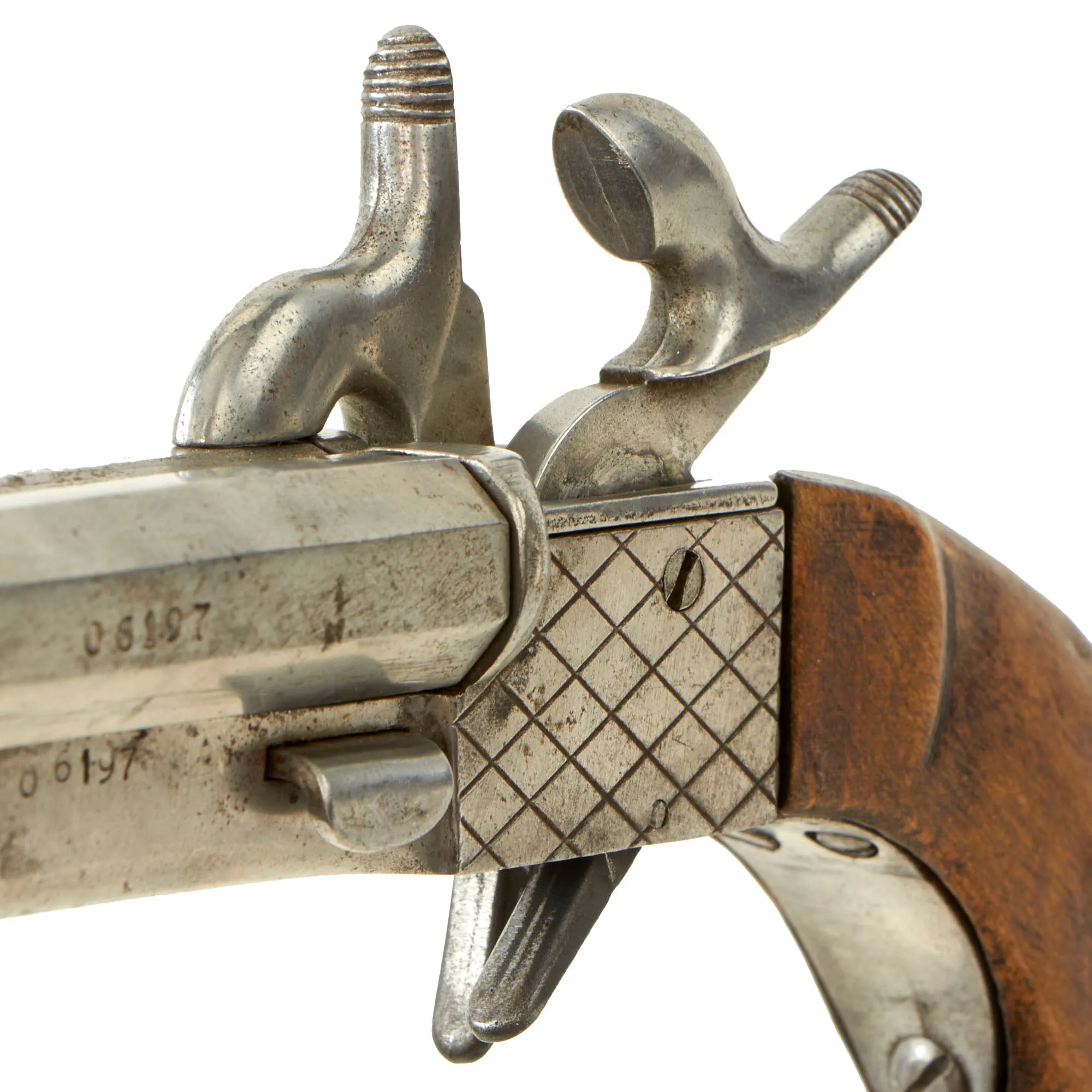 Original U.S. Civil War Era Belgian 10mm Pinfire Double Barrel Pistol with Folding Bayonet Circa 1855 - Non-Functional